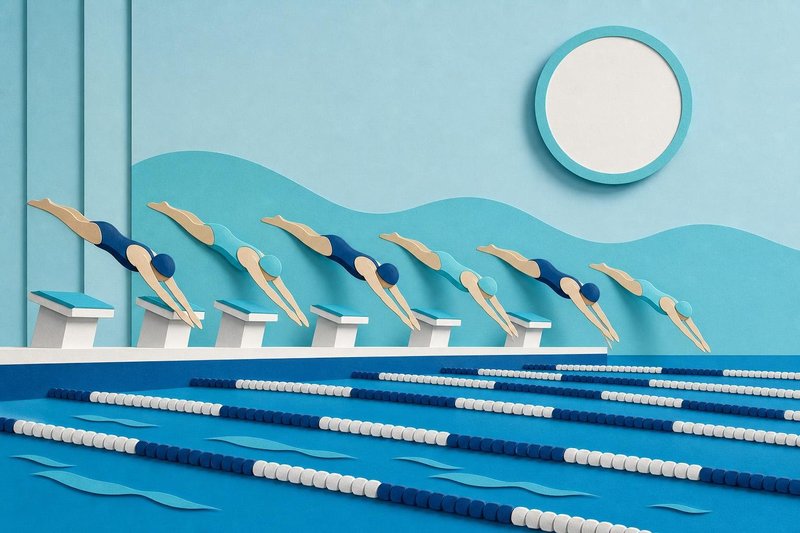 Paper-cut illustration of six swimmers diving off the starting blocks together, with a pace clock on the wall