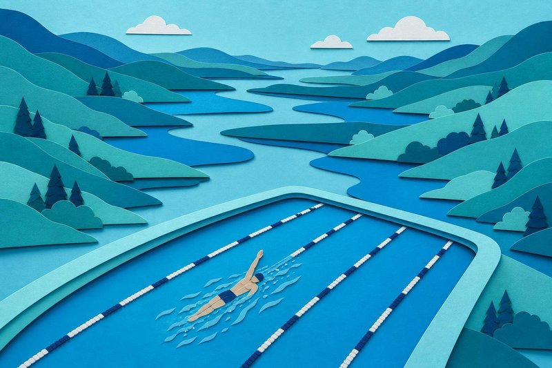 Paper-cut illustration of long narrow lakes between hills, the nearest one turning into a pool with a backstroke swimmer